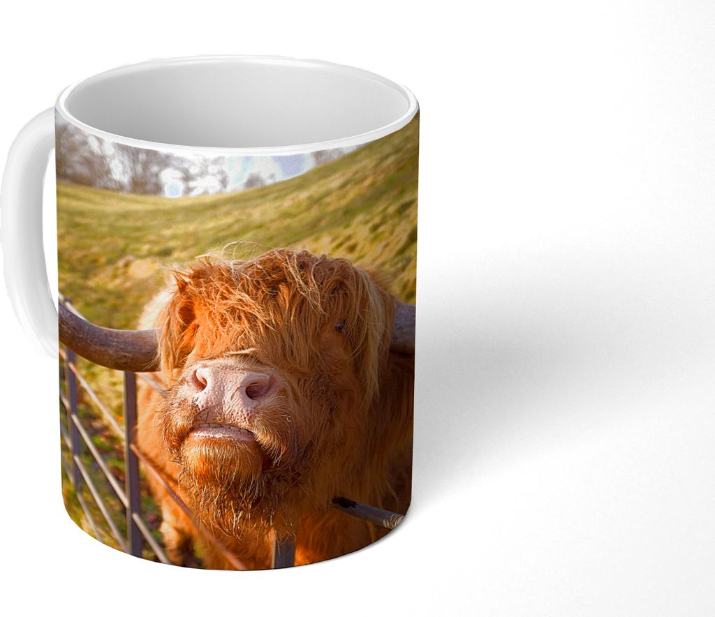 MuchoWow Tasse Kaffeetasse Kaffeebecher 350 ml Scottish Hochlandrind - Zaun - Gras Teetasse - Fototasse - Becher - Keramikbecher - Teebecher - Ka...