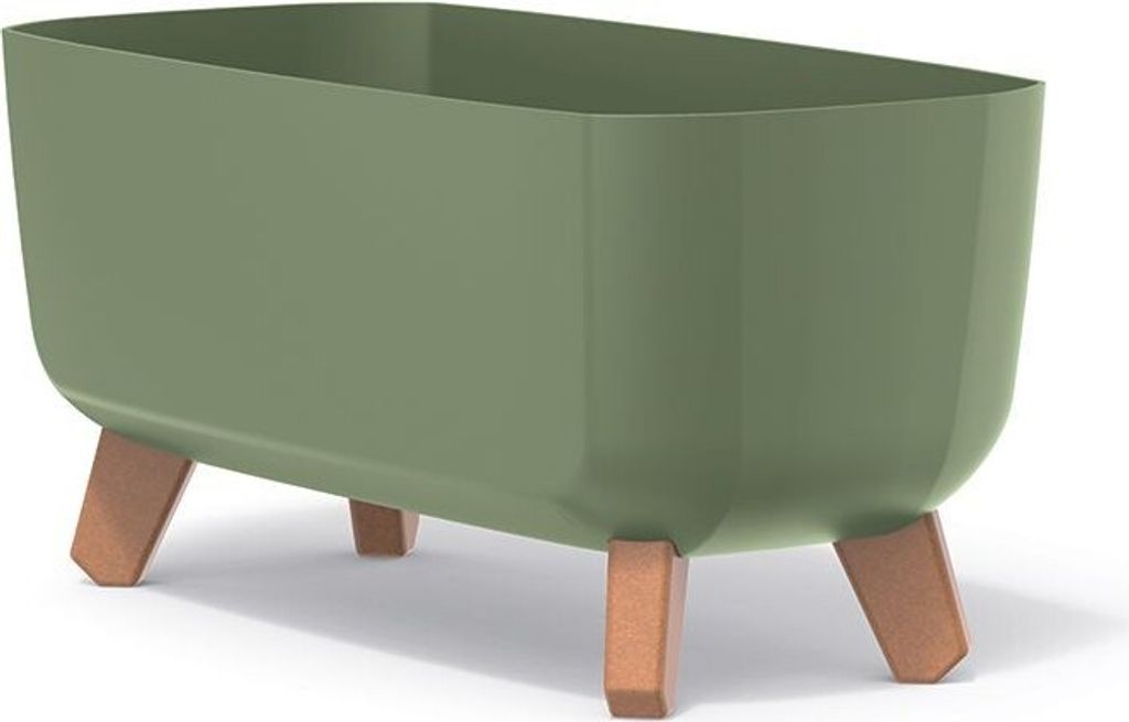 A green planter with wooden legs on a white background.
