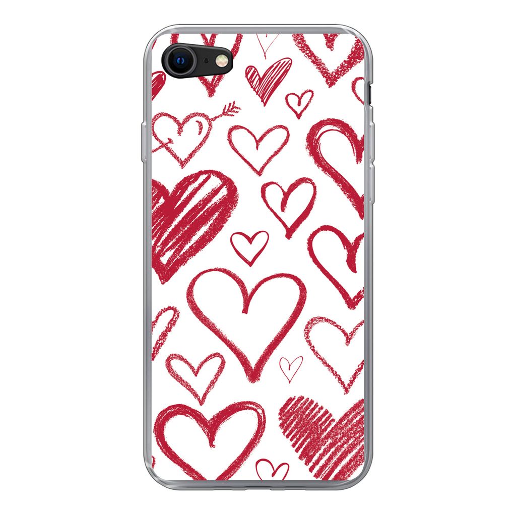 MuchoWow Handyhülle Schutzhülle Hülle für iPhone SE 2020 Eine Illustration mit mehreren Herzen auf weißem Hintergrund Silikon Softcase Handy...