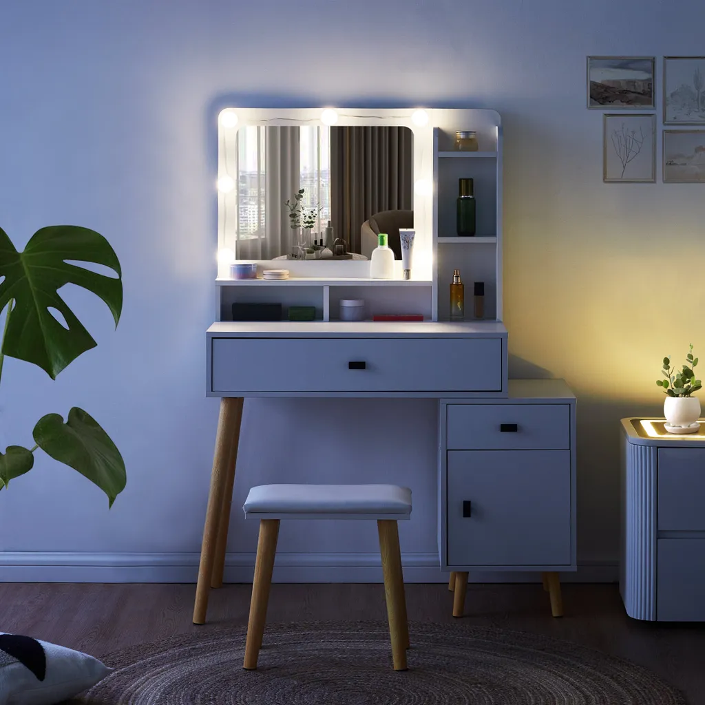 Coiffeuse CLIPOP avec miroir LED éclairé et table de maquillage extensible