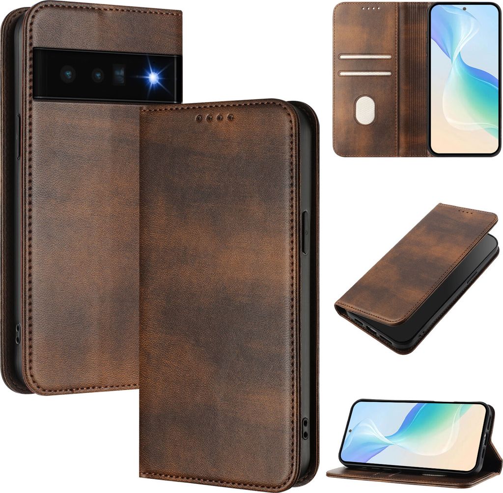 Handyhülle für Google Pixel 6 Pro, Vintage Leder RFID Schutz Kartenfach Standfunktion Magnetische Klapphülle Braun