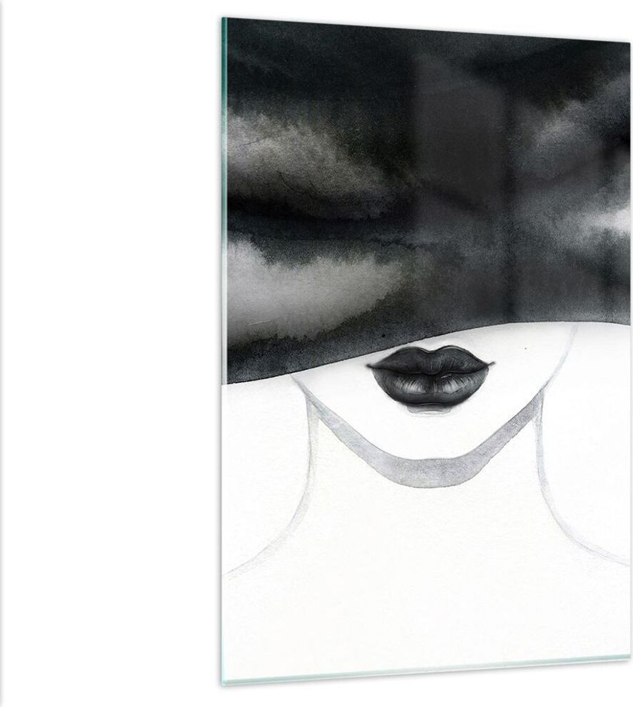 Bilder auf glas - Einteilig - Frau Hut Schwarzweiß - 80x120cm - Glasbilder - Wandbilder - Bilder - zum Aufhängen bereit - Wanddekoration aus Glas...