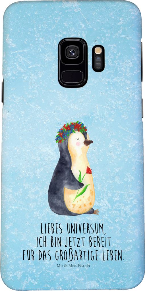 Mr. & Mrs. Panda Samsung Galaxy S9 Handyhülle Pinguin Blumen - Eisblau - Geschenk, Positiv, Ziele, Cover, Smartphone Hülle, Handy Schutzhülle, G...