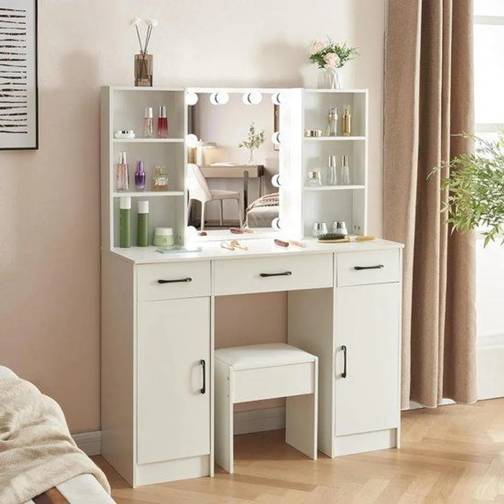 Coiffeuse blanche avec éclairage LED et tabouret assorti - Modèle Luna