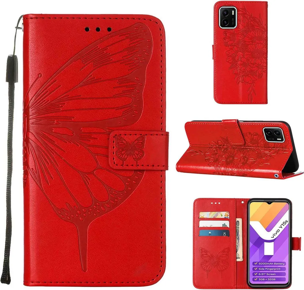 VIVO Y15S 2021 Case, Farfalla Rilievo Flip Custodia in pelle con slot per schede e stand per VIVO Y15S 2021 / Y15A rosso