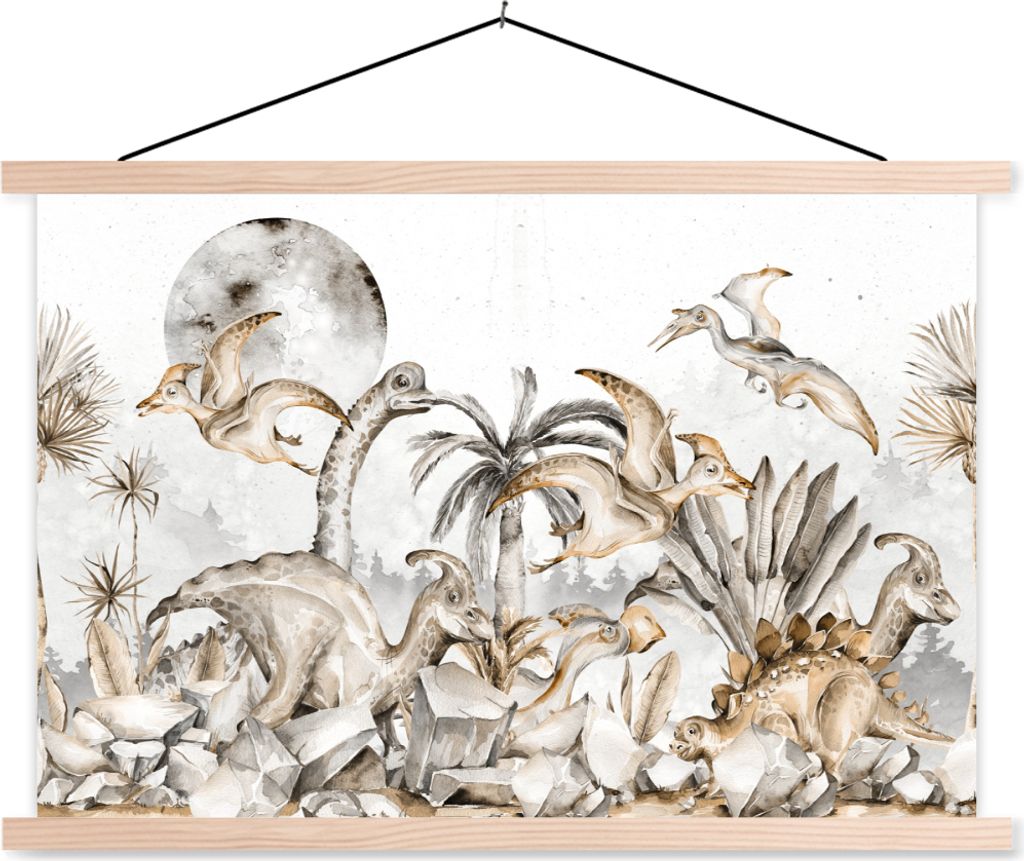 MuchoWow Textilposter Dino - Dschungel - Natur - Tiere - Kinder - Kinder 60x40 cm mit holzfarbenen Rahmen - Bilder