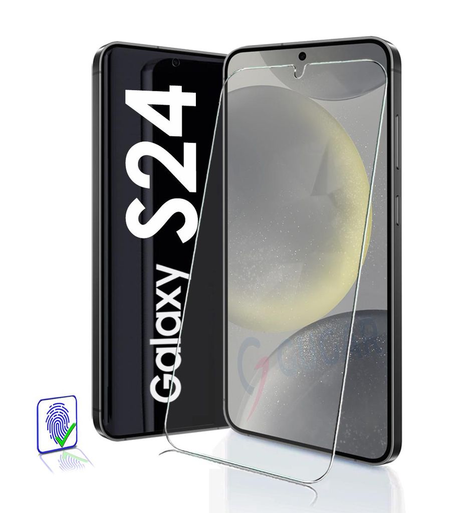 A Samsung Galaxy S24 smartphone with a screen protector is shown against a white background.