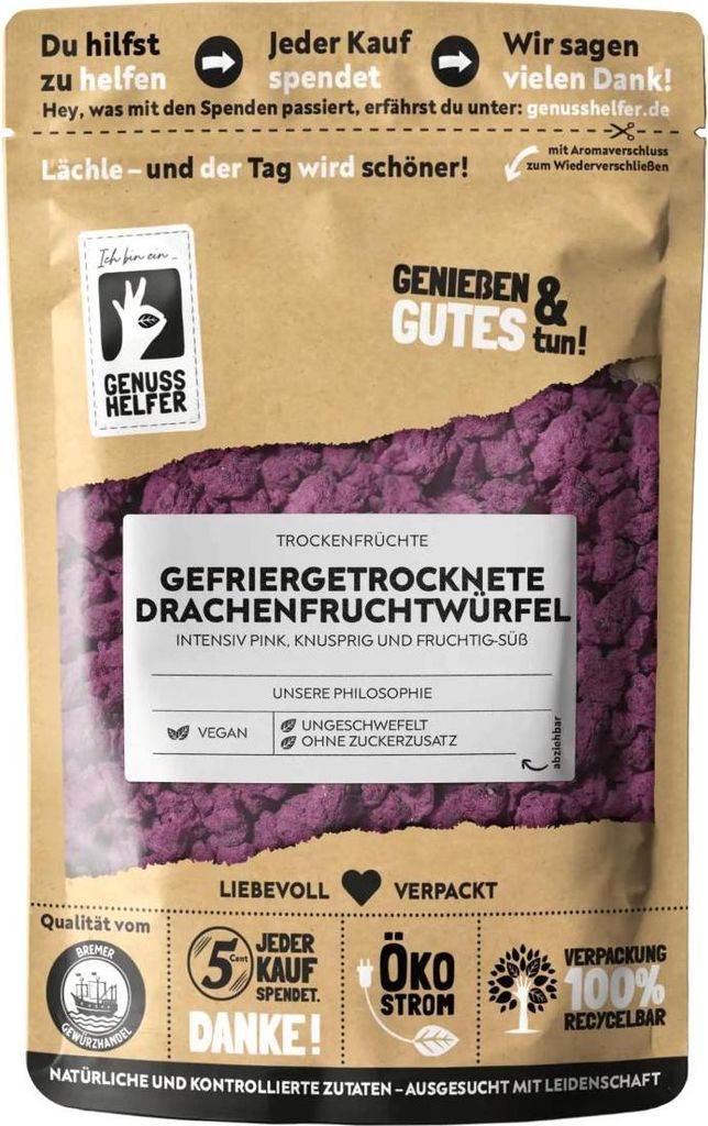 Drachenfruchtwürfel pink, gefriergetrocknet, 100% Frucht, Produktbild 