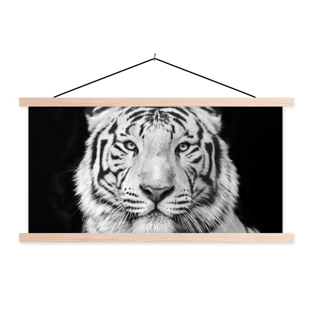 MuchoWow Textilposter Tiger - Schwarz - Weiß - Porträt - Tiere 120x60 cm mit holzfarbenen Rahmen - Klemmleiste