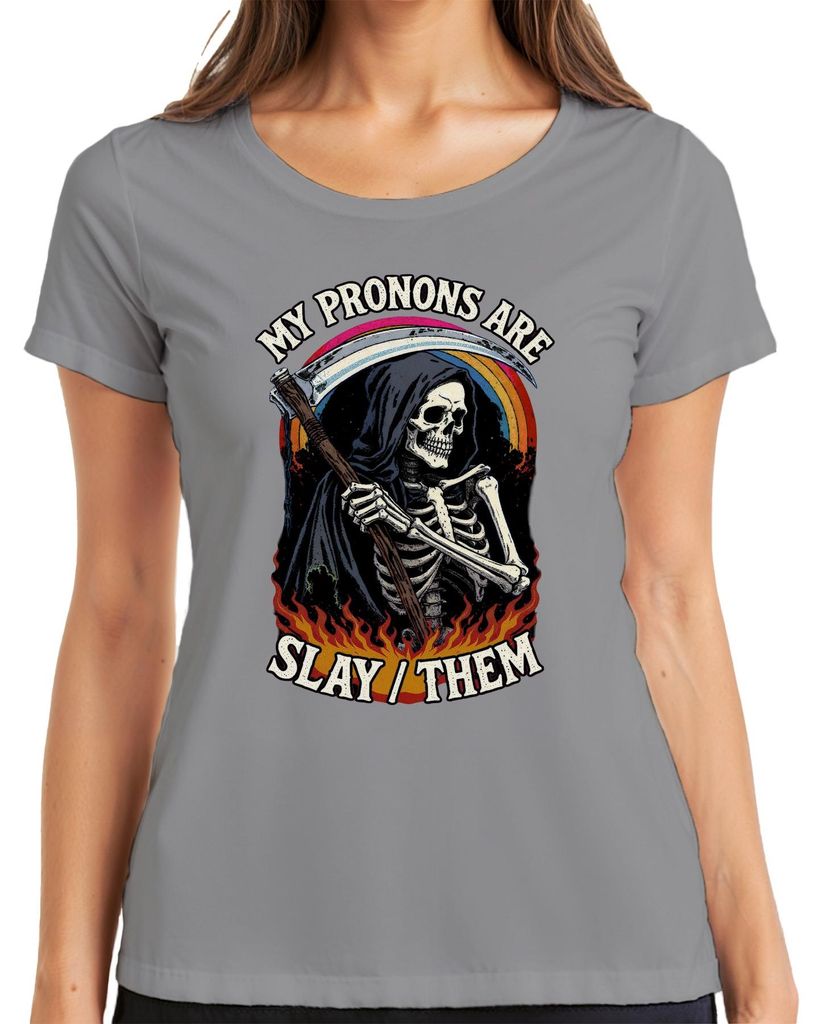 Sensenmann Skelett Pride My Pronons Are Slay Them Gothic Damen T-Shirt, Grau, L