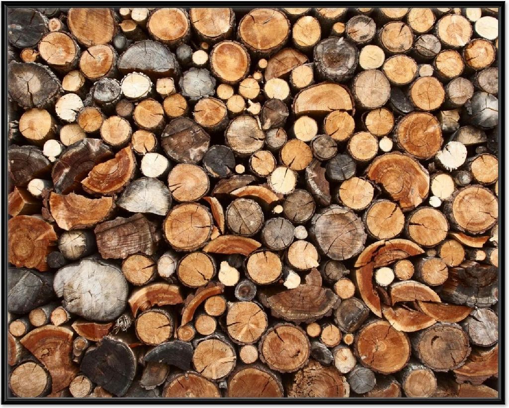 Wallario Wandbild Dunkler Holzstapel rund, Größe: 40,30 x 50,30 cm, Poster mit schwarzem Aluminiumrahmen