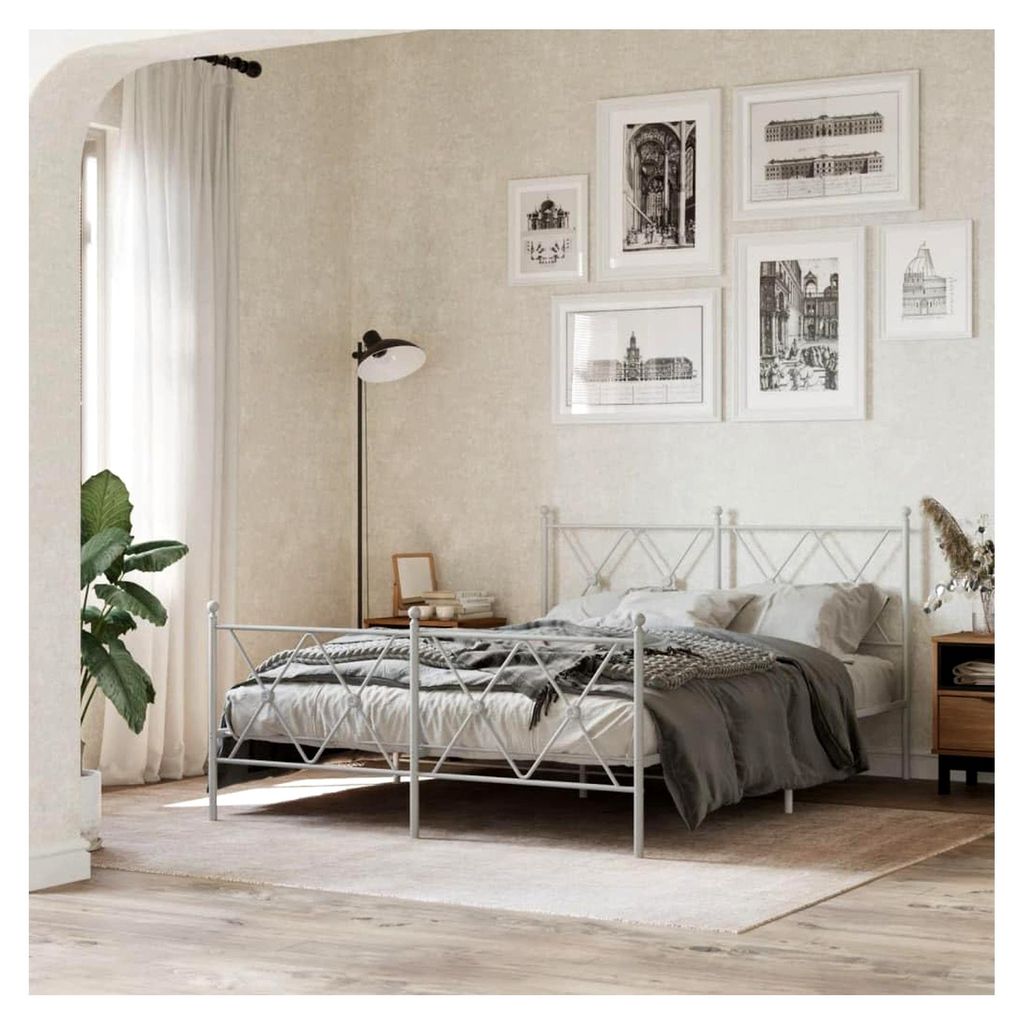 Bettgestell mit Kopf- und Fußteil aus Metall in Weiß 137x190 cm