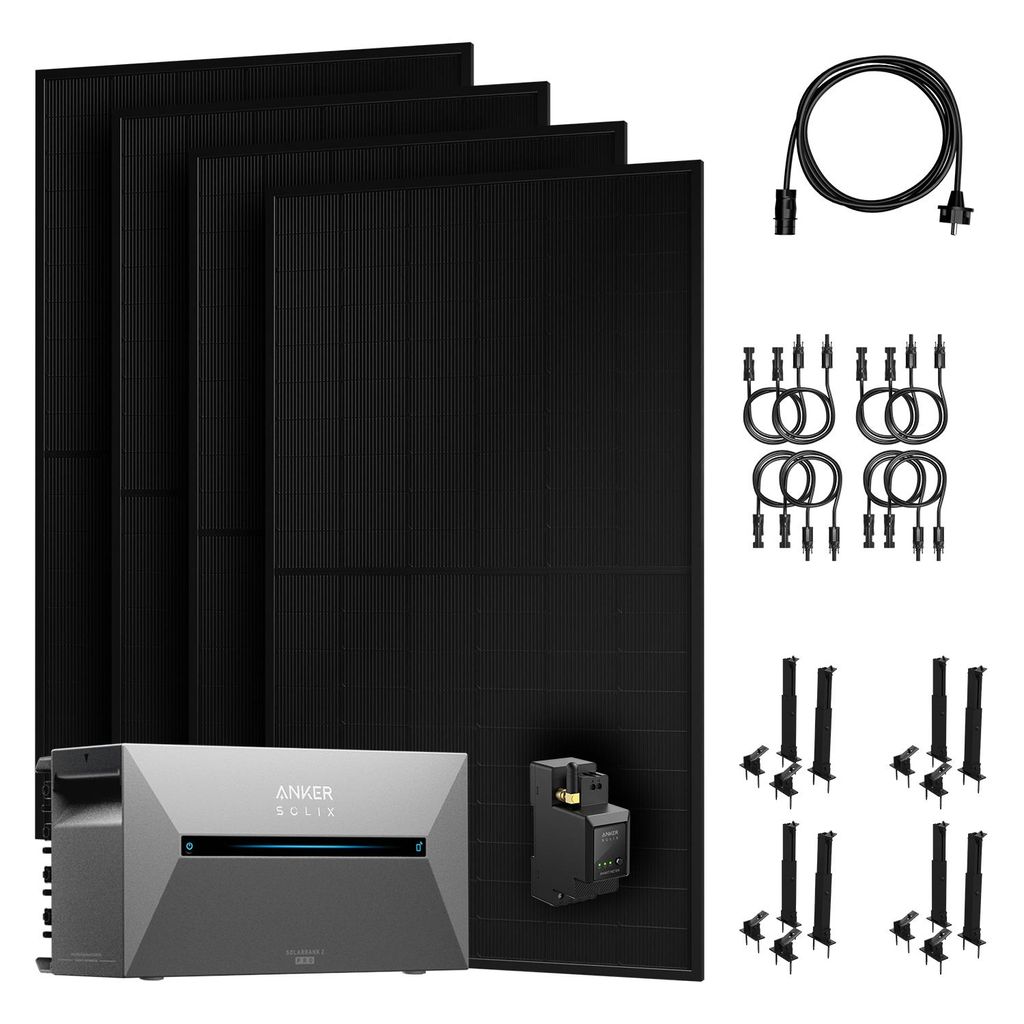Powerness Balkonkraftwerk mit Speicher, Anker SOLIX E1600 Pro mit 2000W Solarmodule & Anker Smart Meter & 4 Sätze Flachdach Halterung(Schwarz) 0% VAT