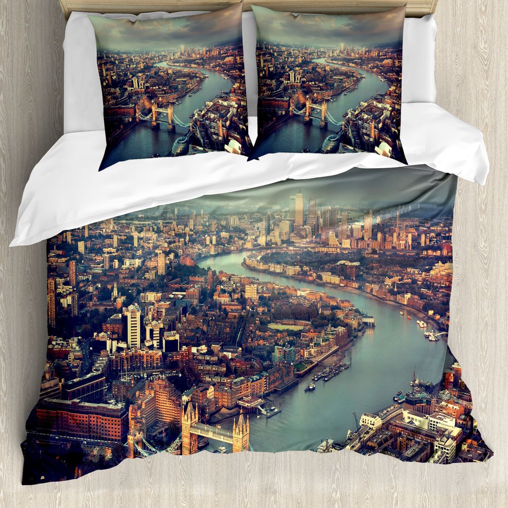 ABAKUHAUS London Bettbezug, Thames River und Brücke, Milbensicher Allergiker geeignet mit Kissenbezügen, 200 cm x 200 cm - 80 x 80 cm, Almond, Gr...