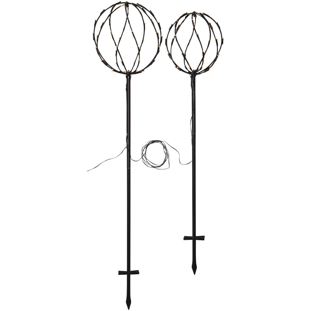 Two LED garden lights shaped like spheres on stakes.