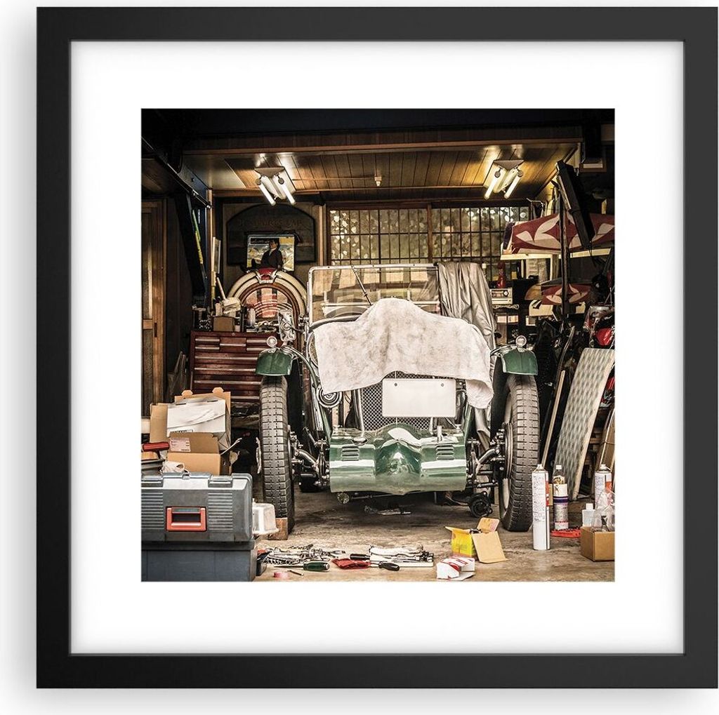 Gerahmtes Poster - Schwarzer Rahmen - Historisch Auto Garage - 30x30 cm - Wand Bild - Wanddeko - Wandbilder - Kunstposter - Wandposter - Bilderrahm...
