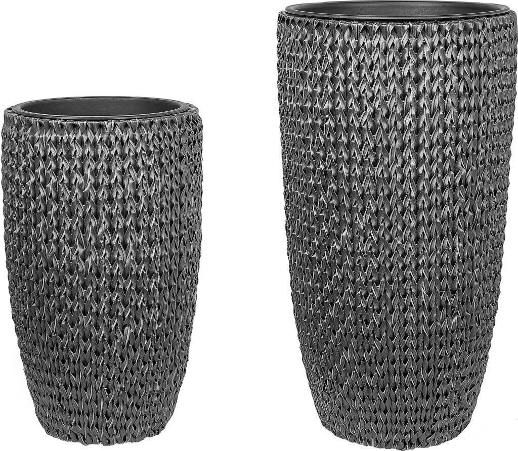 BELIANI Blumentopf 2er Set Schwarz Rattan mit Innentopf Rund Bauchig Geflochten Verschiedene Größen 66 cm und 85 cm Hoch Modern Outdoor & Indoor