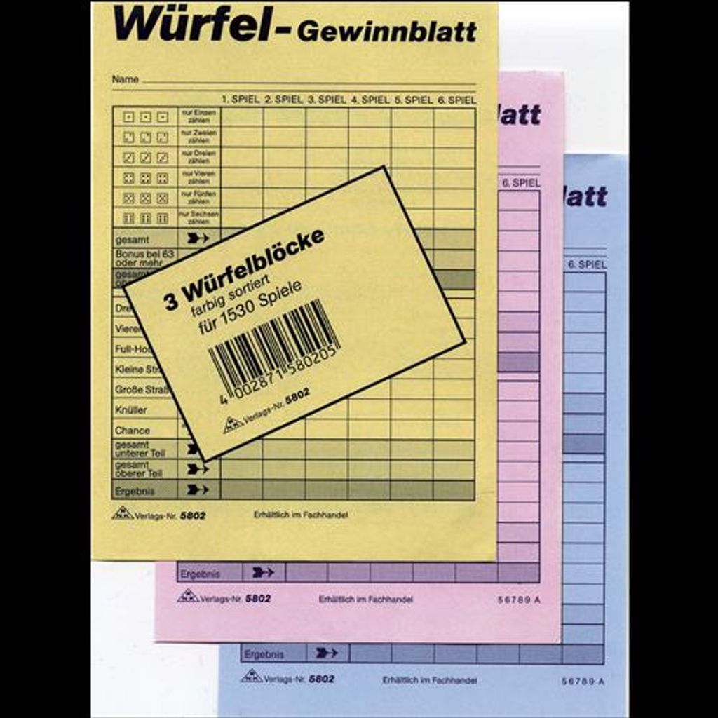 RNK Verlag 5802 Würfelspiel-Gewinnblatt - Block, DIN A6, 3x85 Blatt, sortiert gelb, rot und blau