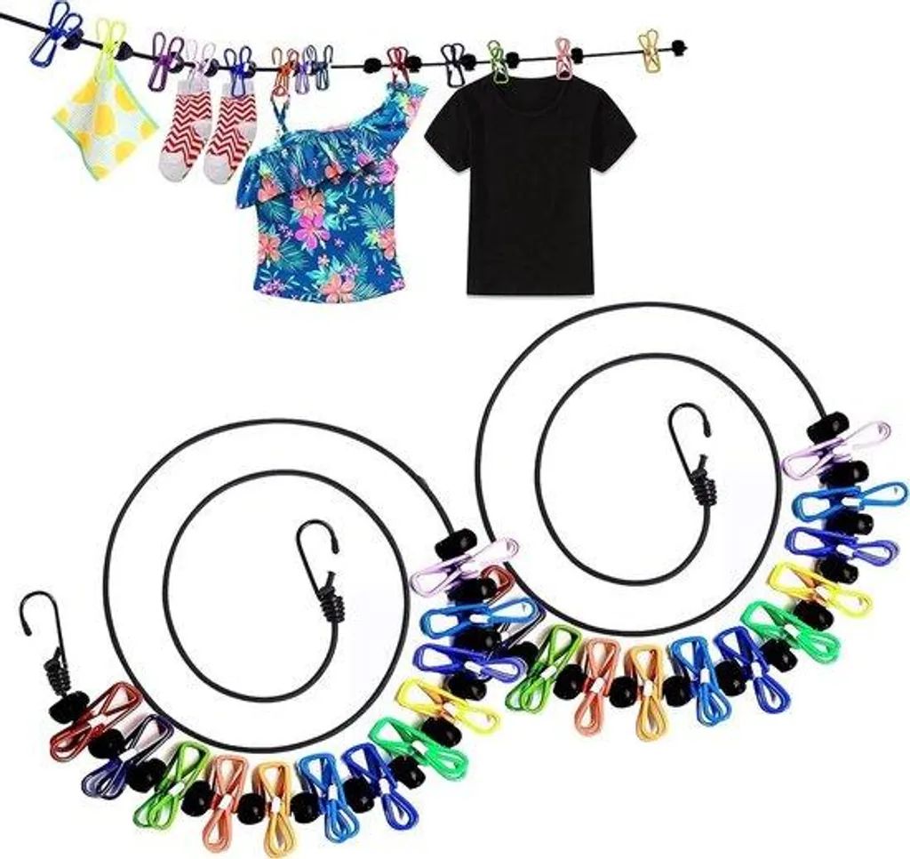 Fil à linge élastique avec pinces intégrées et perles de séparation