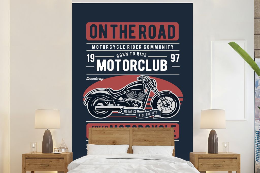MuchoWow Fototapete für Wohnzimmer oder Schlafzimmer Wandtapete Vinyl Motivtapete Motorrad - Retro - Briefe - Schwarz - 145x220 cm - Wanddekoration