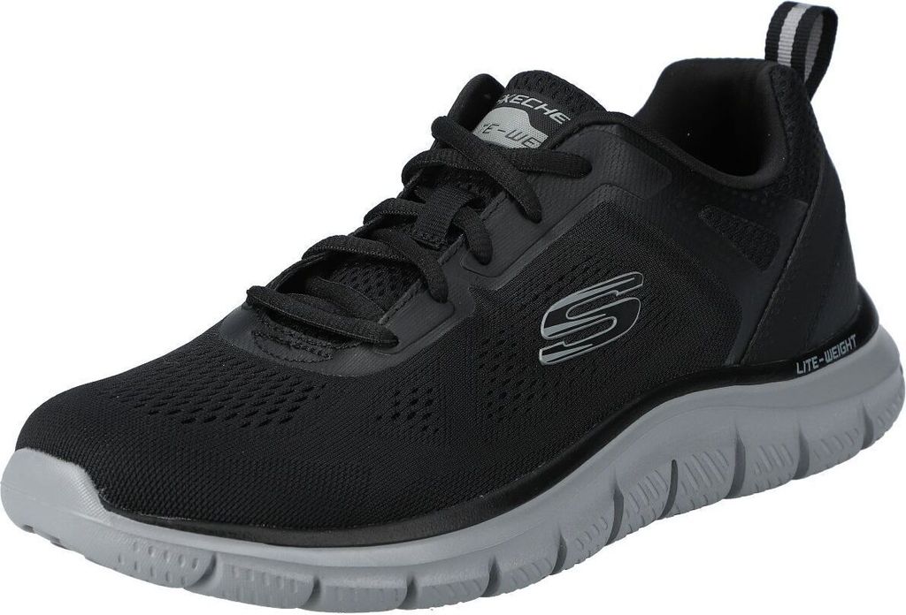 A black and gray Skechers men's sneaker is shown from a side angle against a white background.