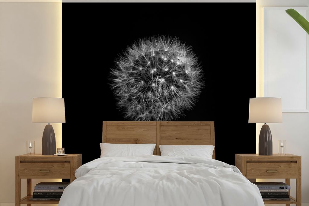 MuchoWow Fototapete für Wohnzimmer oder Schlafzimmer Wandtapete Vinyl Motivtapete Löwenzahn - Schwarz - Floral - Botanisch - 280x280 cm - Hinte...