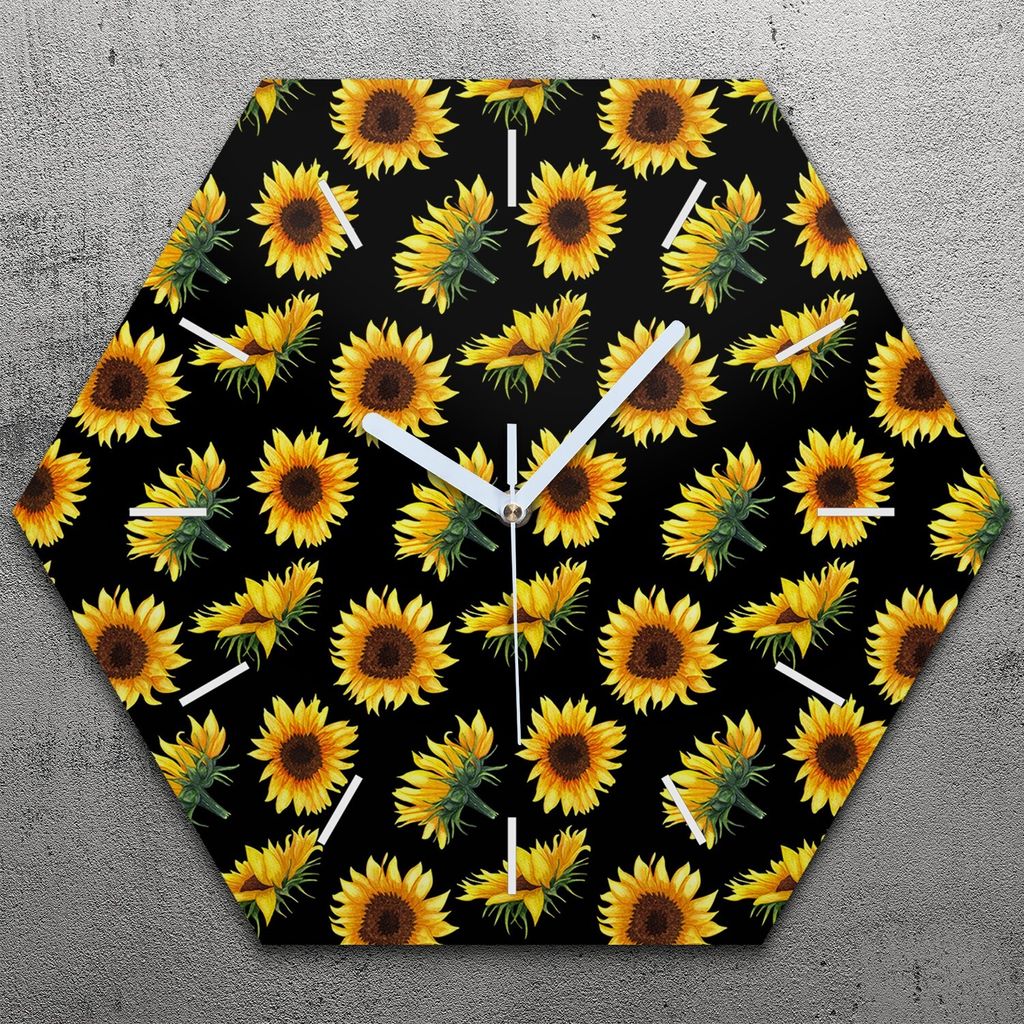 Uhr hexagonal 40 cm Glas Geräuschlos weiße Zeiger - Sonnenblumen auf Schwarz