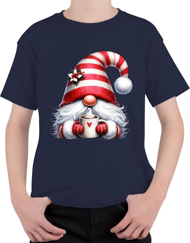 Niedlicher Weihnachtswichtel mit Tasse und Herz Weihnachtsgeschenk Uni Kinder T-Shirt, Navy, 152