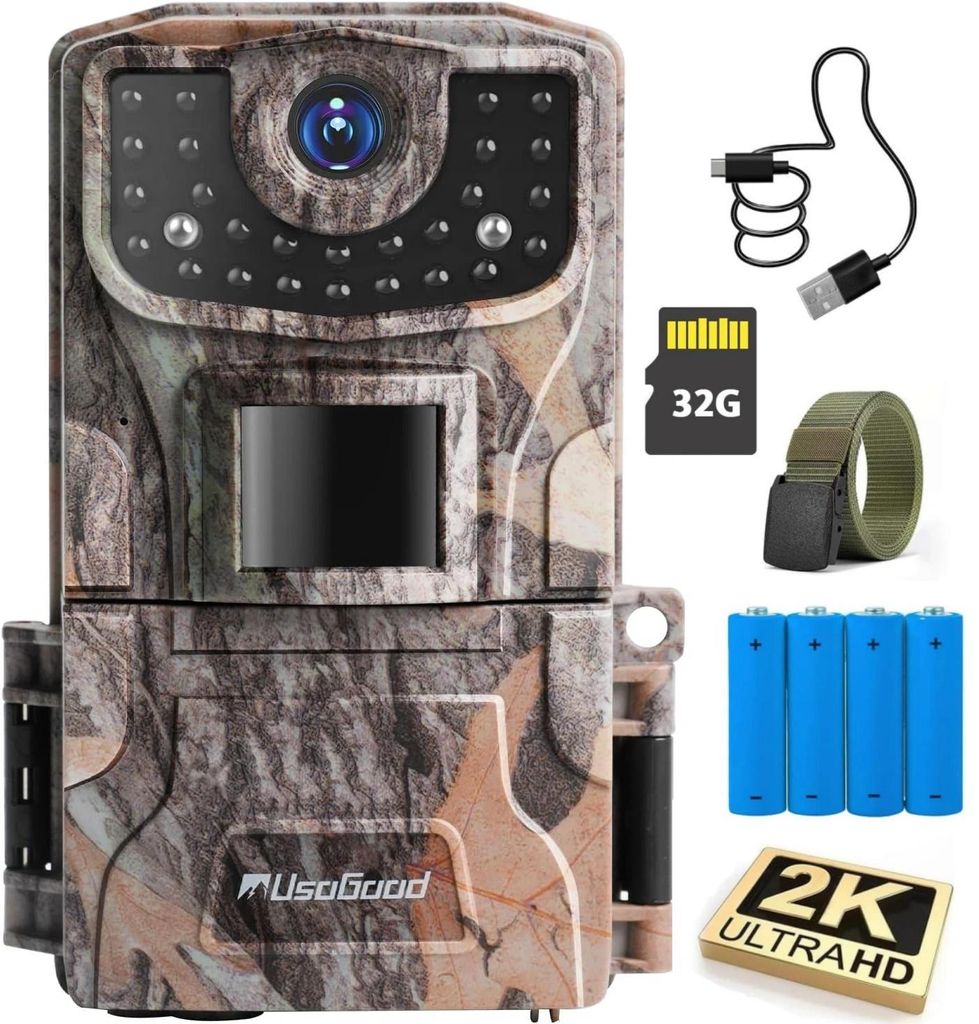Usogood Wildkamera mit Bewegungsmelder Nachtsicht 2K 36MP Wildtierkamera mit 2,0-Zoll-Farbbildschirm 850nm IR LEDs 0,3s Jagdkamera IP66 Wasserdicht