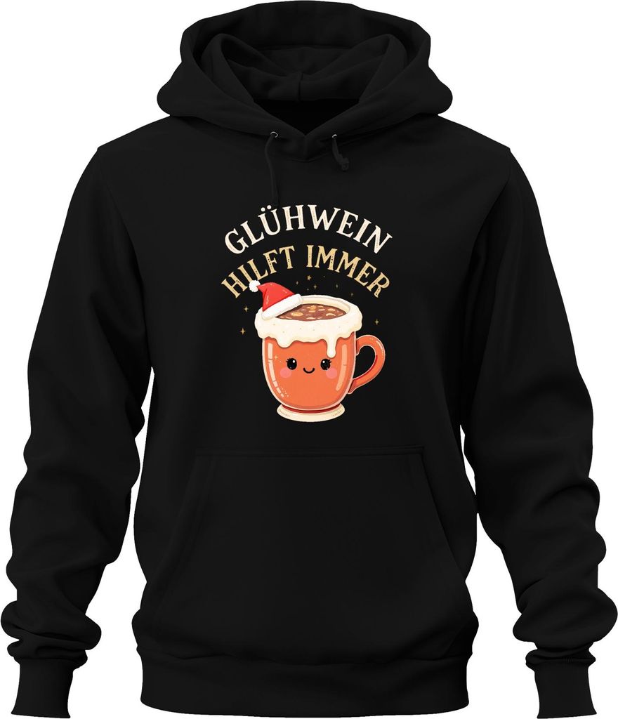Glühwein hilft immer Becher Weihnachten Kawaii Geschenk lustig Uni Hoodie Kapuzenpullover, Schwarz, M