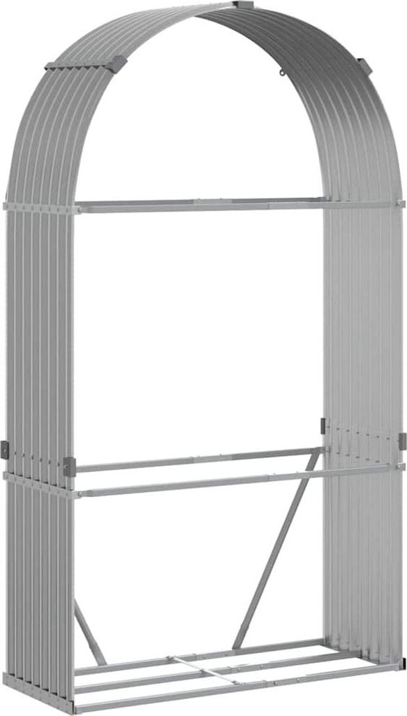 A gray metal firewood rack with an arched top.