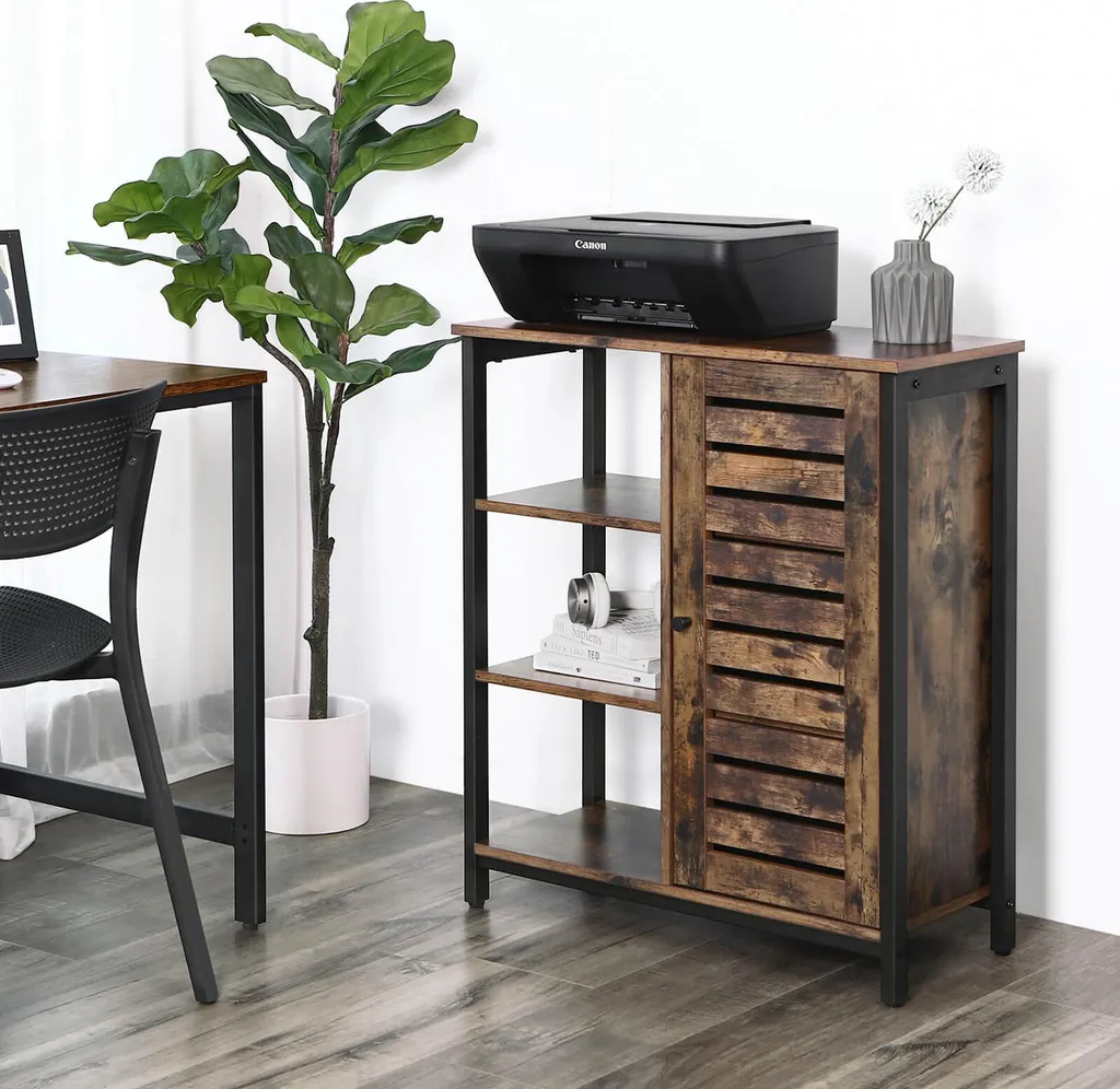 Buffet bas industriel avec porte à lamelles en métal noir et bois foncé - 3