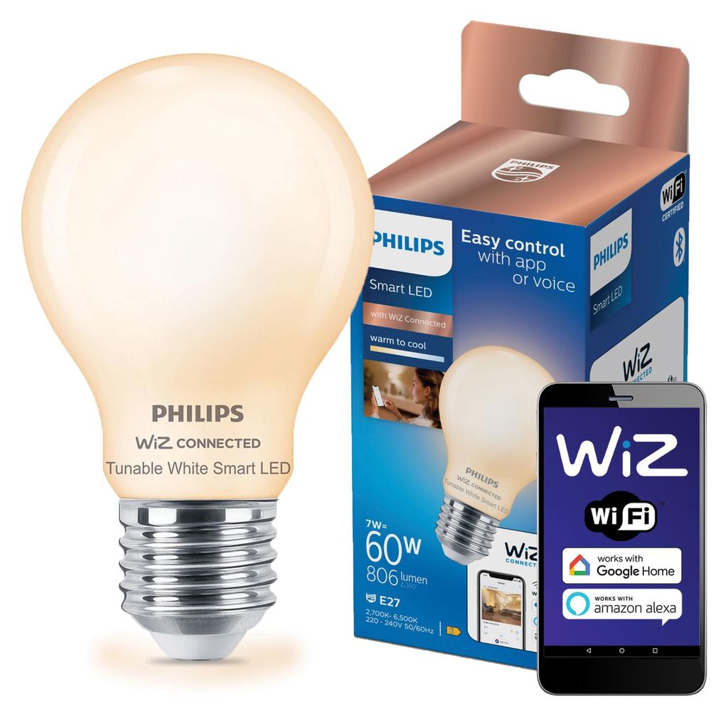 Philips LED WiZ Smart A60 Birne 7W = 60W E27 matt 806lm 2700-6500K Dimmbar App Google Alexa WiFi Bluetooth