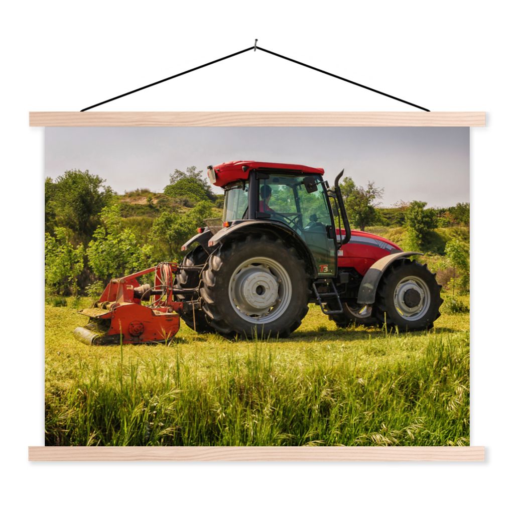 MuchoWow Textilposter Traktor - Rot - Natur - Grün - Landleben 120x90 cm mit holzfarbenen Rahmen - Magnetisch