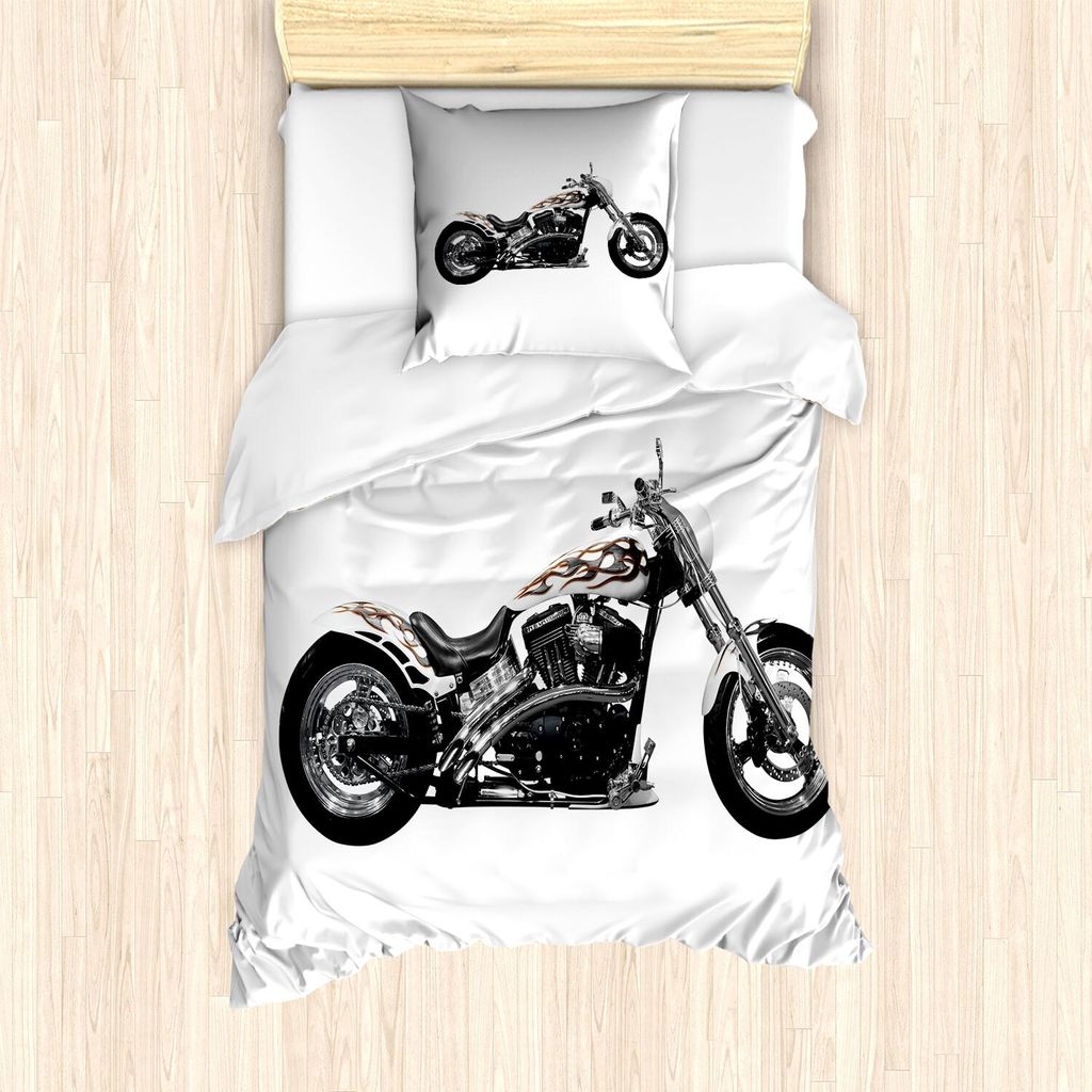 ABAKUHAUS Männlich Bettbezug Set, Motorrad Hipster Art gefährlicher riskanter Fahrt treibender Fahrzeug Zerhacker, 135 x 200 cm + 80 x 80 cm, Sch...