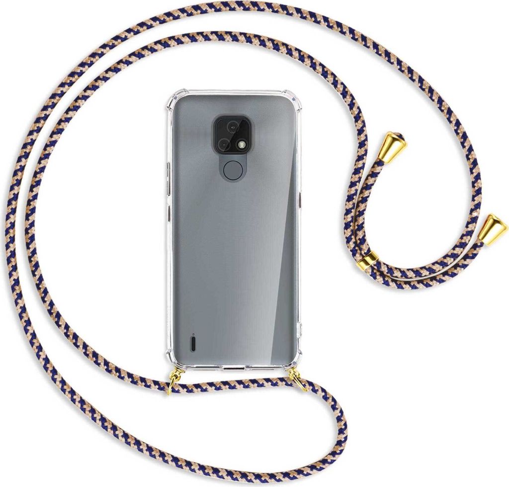 Handykette Backcover-Schutzhülle mit Band (Metall goldfarben) für Motorola Moto E7 - blau+beige