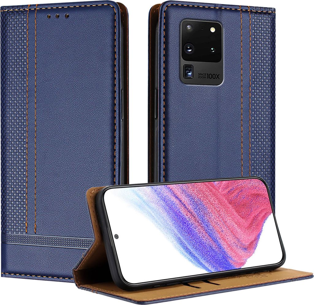 Handyhülle für Samsung Galaxy S20 Ultra Leder Flip Klappbare Schutzhülle mit Standfunktion Blau