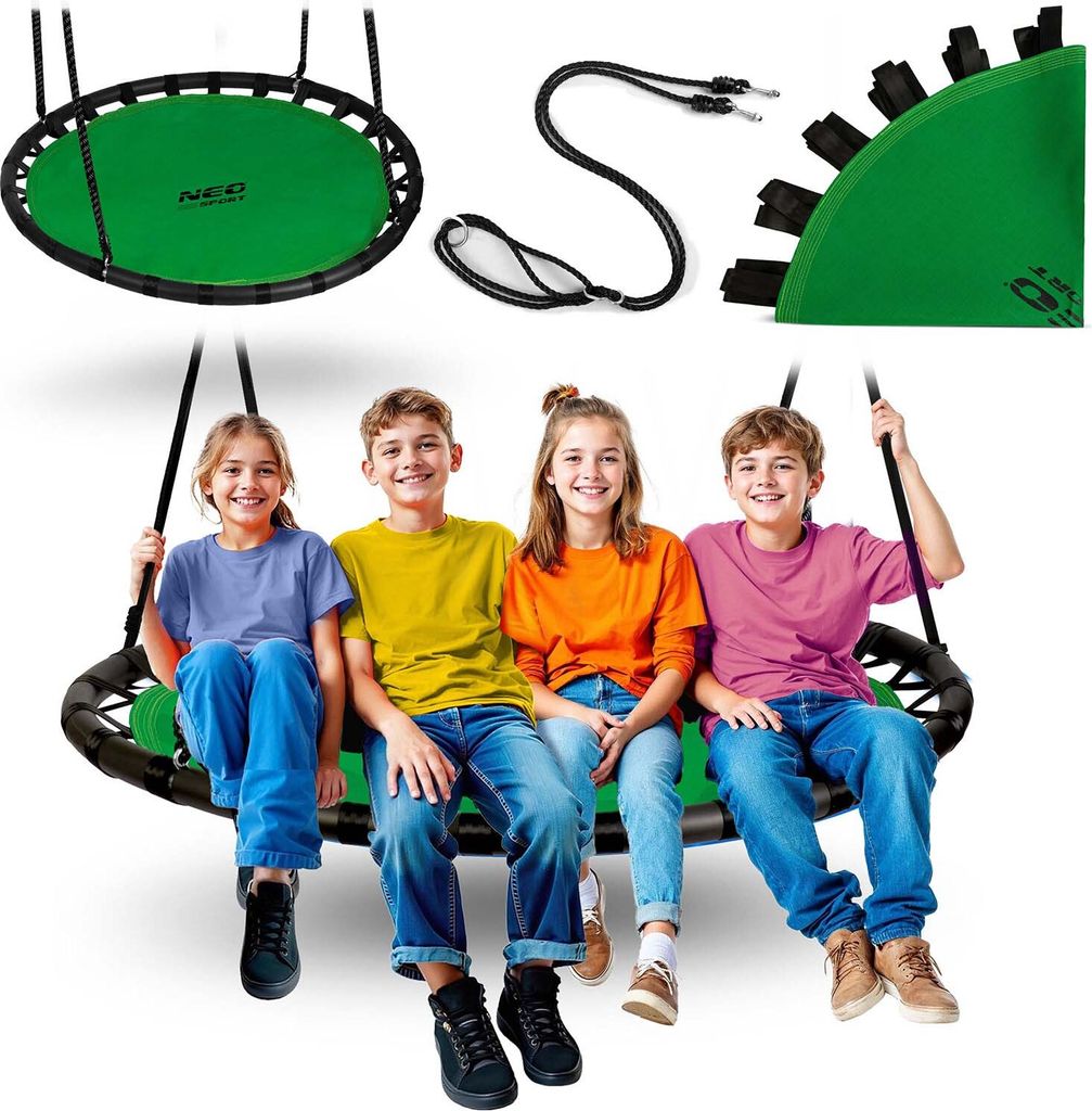 Four children are sitting on a green nest swing. The swing and its accessories are also shown separately.