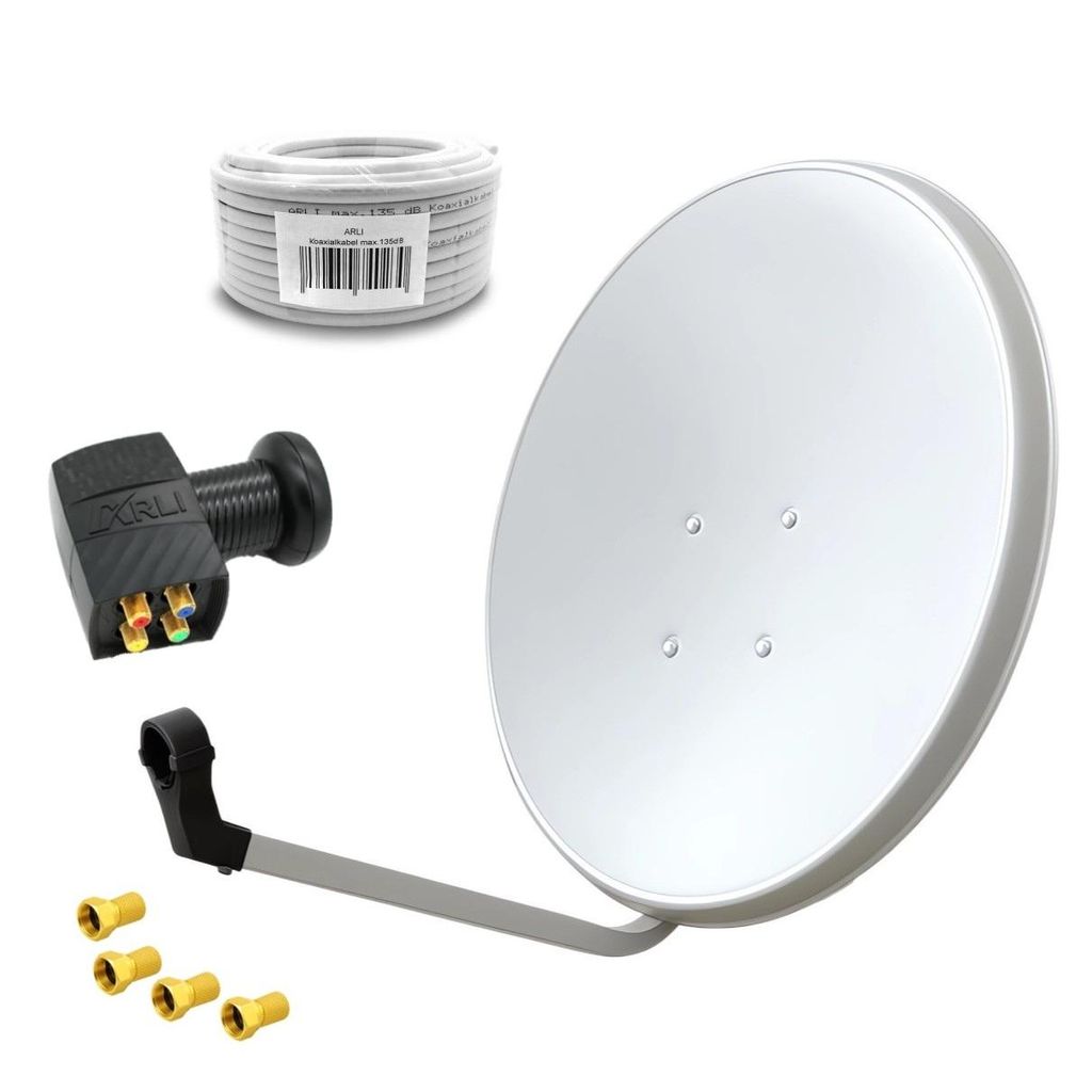 ARLI 60 cm SAT Anlage Weiß mit Quad LNB 20 m Koaxialkabel Produktbild 