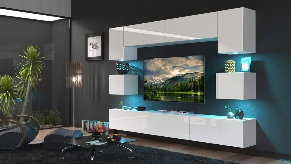 A modern living room with a wall-mounted entertainment unit.