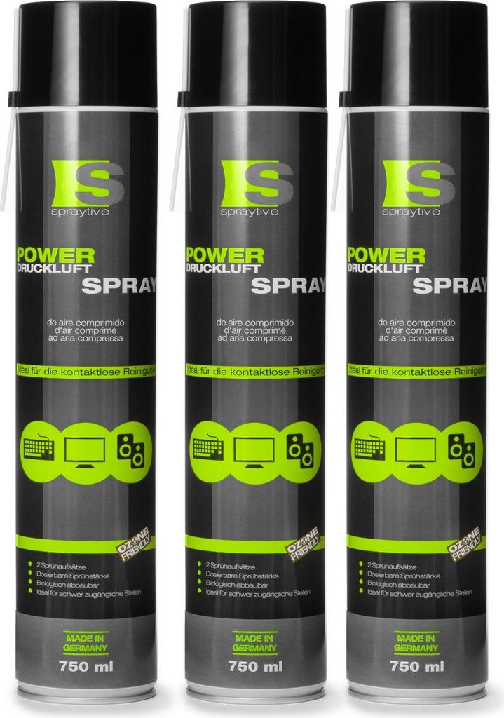 Spraytive 3 x 750ml Power Druckluftspray - Air Duster, Druckluftreiniger, Luftdruckspray, Reinigungsspray