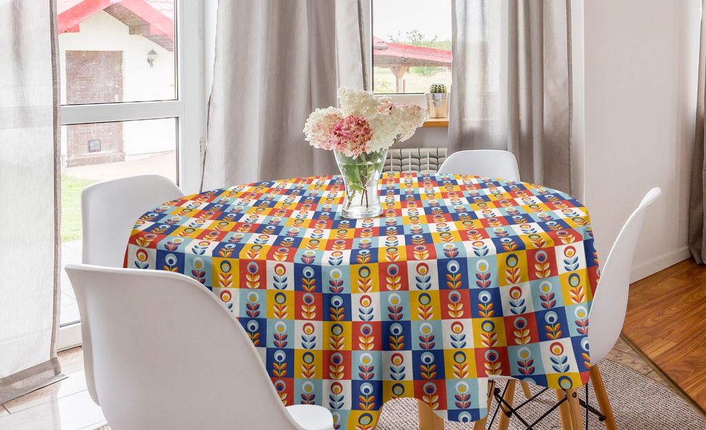 ABAKUHAUS skandinavisch Runde Tischdecke, Checkered und Blumen, Kreis Tischdecke Abdeckung für Esszimmer Küche Dekoration, 150 cm, Mehrfarbig