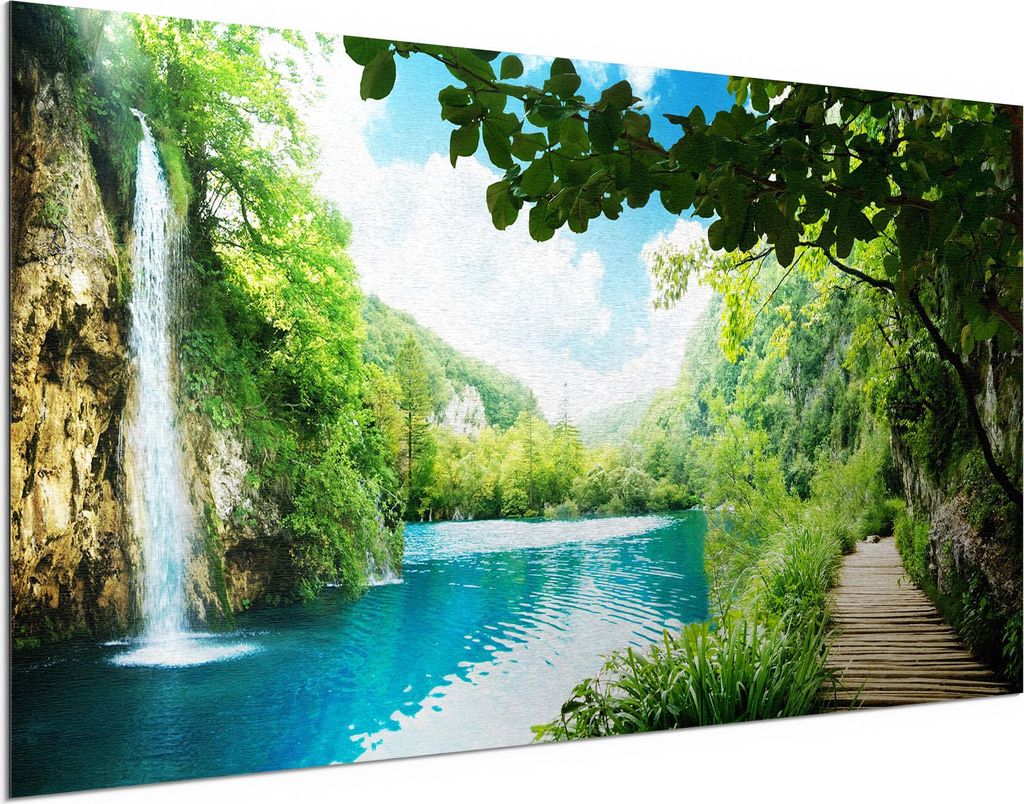 DEQORI Alu-Dibond Bild Silber 100x50 cm 'Wasserfall im grünen Wald' Wandbild Metall dünn