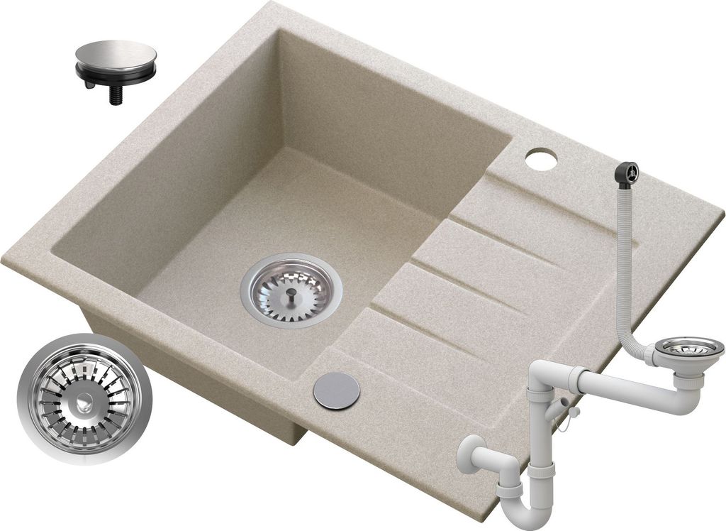 A beige granite sink with its accessories, including a drain and plumbing parts, is displayed against a white background.