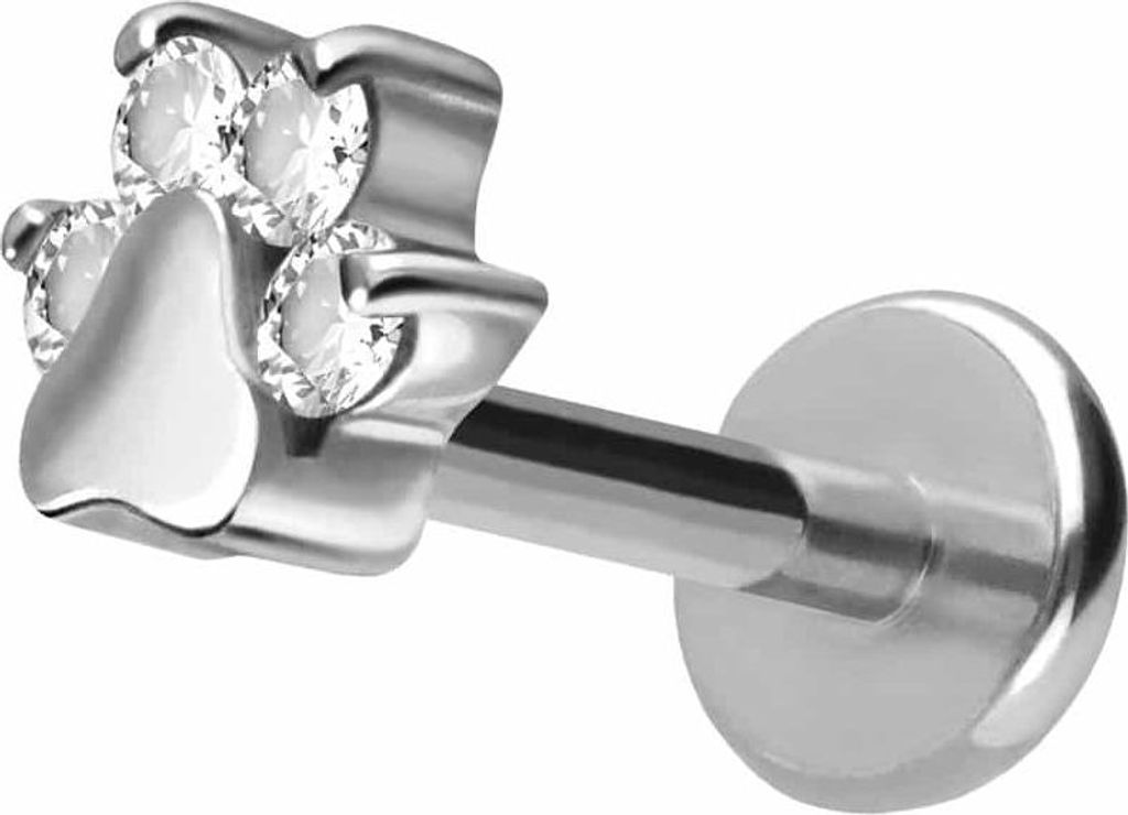 Ohrpiercing, Nasenpiercing Titan Labret mit Push Fit KRISTALLPFOTE Silber Stablänge: 10mm | Stabstärke: 1mm