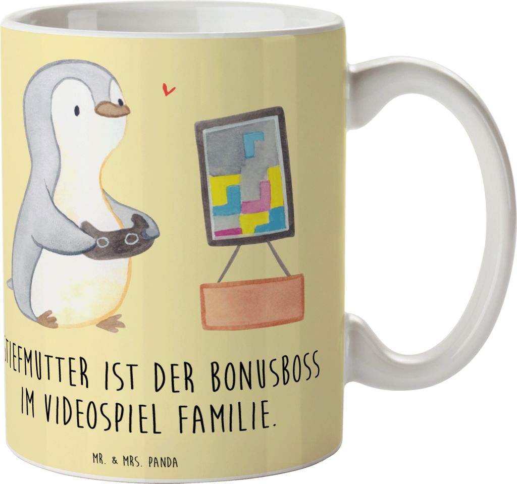 Mr. & Mrs. Panda Kaffeebecher Stiefmutter Bonusboss - Gelb Pastell - Geschenk, Kaffeepott, Pott, Stiefkind, Tasse, Videospiel, Teetasse, Liebe, Dan...