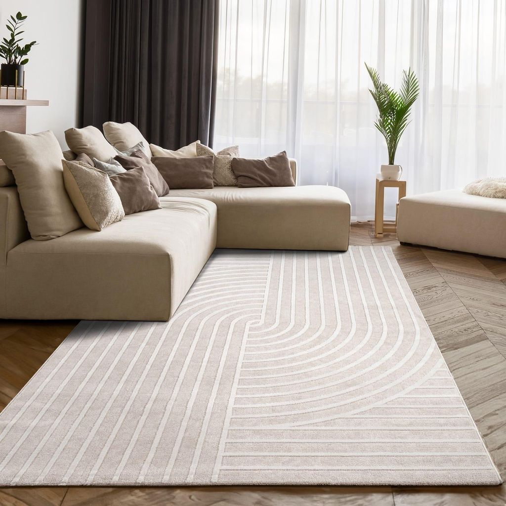 Teppich Kurzflor Abstrakt Wohnzimmer schmutzabweisend Creme 160x220 | 75% Polyester, 25% Polypropylen | Florhöhe: 10 mm | pflegeleicht