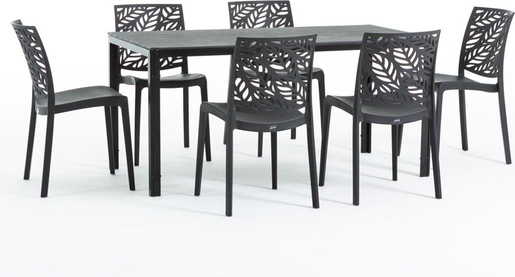 Outdoor-Essset mit rechteckigem Tisch 156x78 cm und 6 stapelbaren Stühlen aus glasfaserverstärktem Harz – modernes Design in Holzoptik, ideal f...