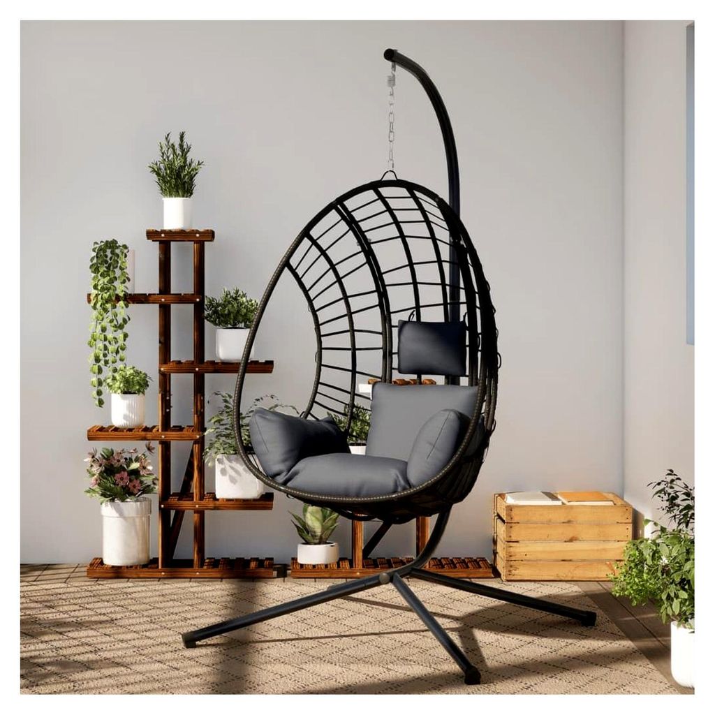 Garten-Esszimmerstühle, Ei-Hängestuhl mit Halterung, Anthrazit, Polyrattan/Stahl, Stühle für den Außenbereich