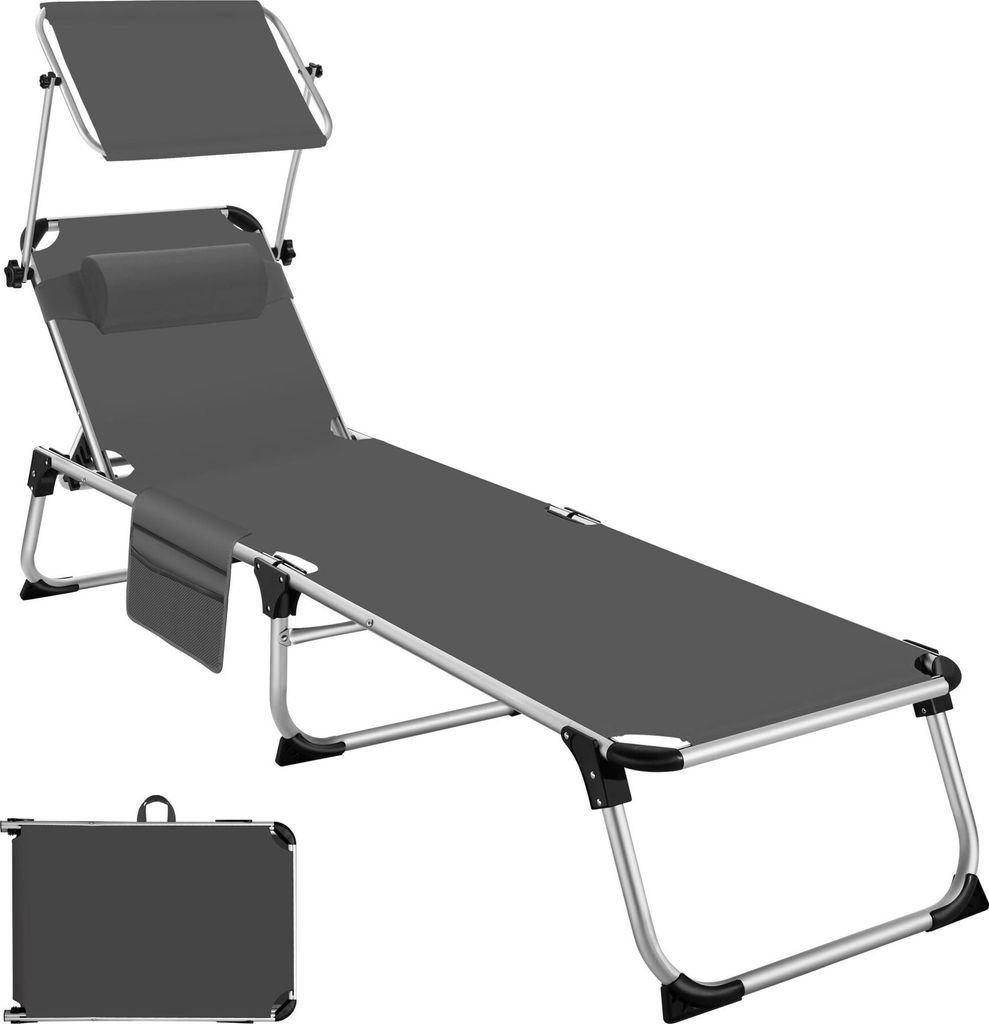 A gray foldable sun lounger with a headrest and a side pocket, shown on a white background. A folded version of the lounger is also shown in the bottom left corner.